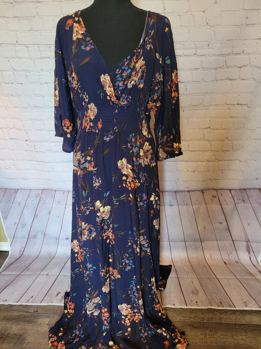 ODDI Medium Navy Blue Double V Half Sleeve Rayon Maxi Dress Watercolor Graphics